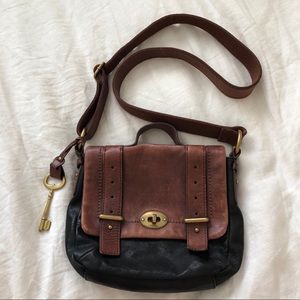 Fossil brown black leather crossbody messenger bag